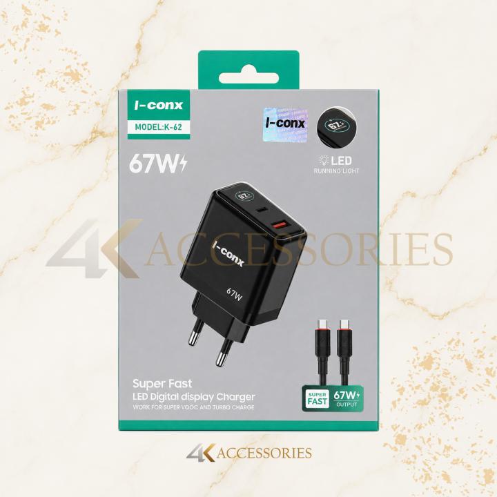 I-conx K-62 67W Dual-Port Fast Charger with LED Display and USB-C Cable